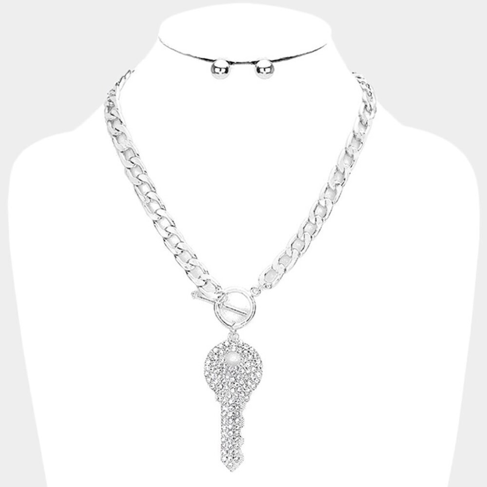 NEW Rhinestone Embellished Key Pendant Chunky Toggle Necklace Set